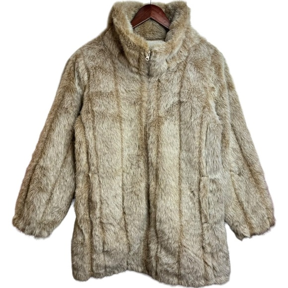 Roaman's Vintage Faux Fur Jacket Beige Long Sleeve Full Zip Pockets Medium - Picture 1 of 15